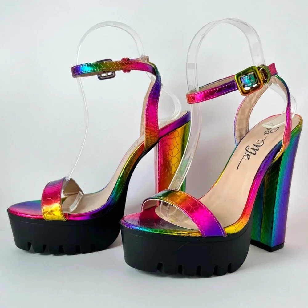 So Me Rainbow Heels Women Sexy holographic multicolor mermaid platforms Size 6.5